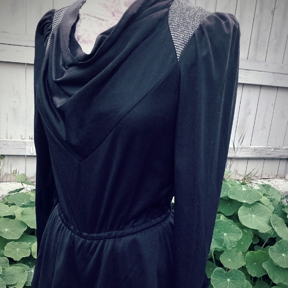 80s Glam:Black Puffed Shoulder Vintage Pantsuit with Flounce - Picture 1 of 10